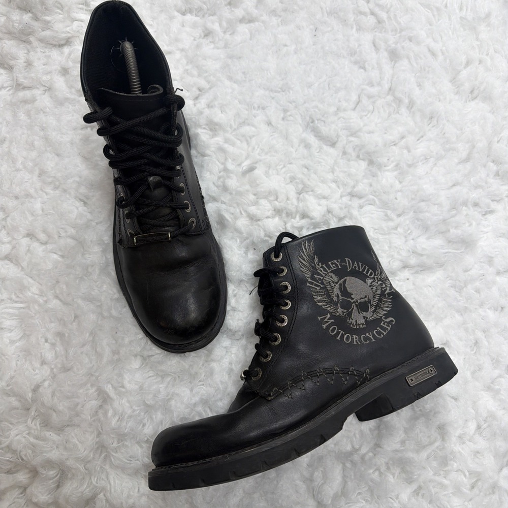 Vintage Harley Davidson Leather Boots Men's 9.5 Black Skull & Bones Logo Black
